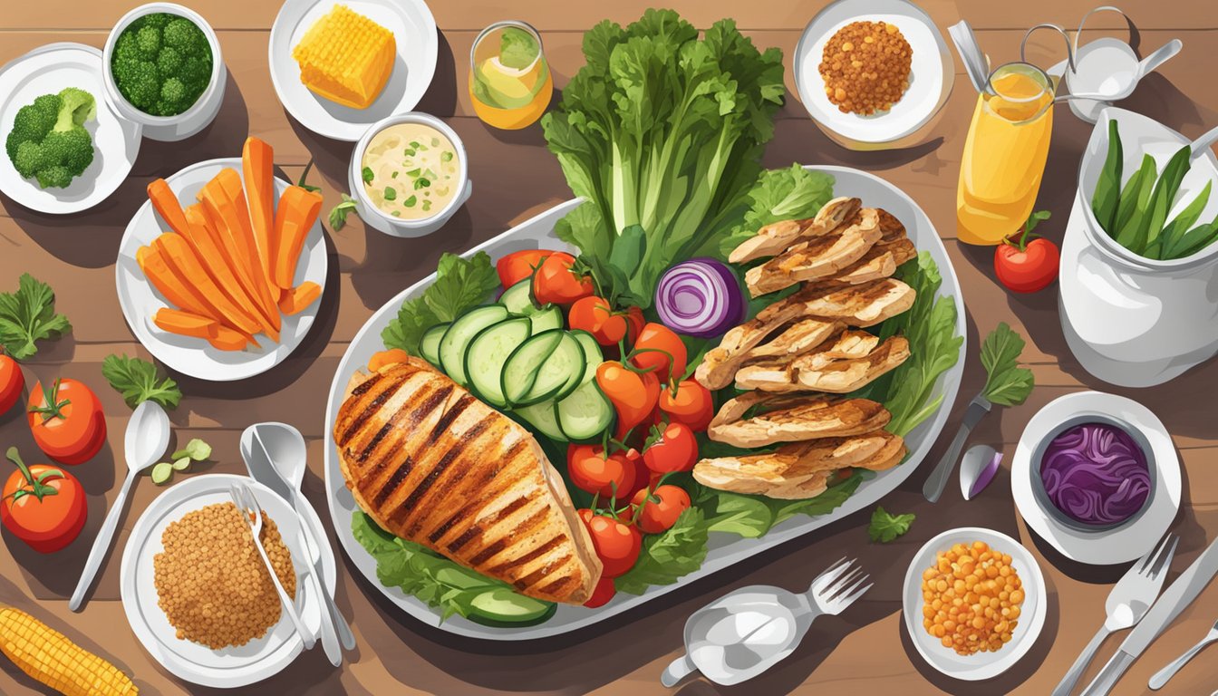 A colorful array of fresh vegetables, grilled chicken, and whole grain sides arranged on a clean, modern table setting