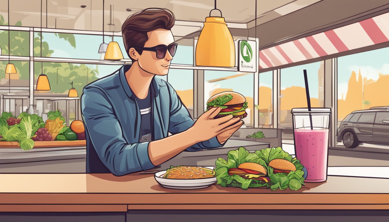 A person comparing a salad and a burger at a fast food restaurant, with a fruit smoothie on the side