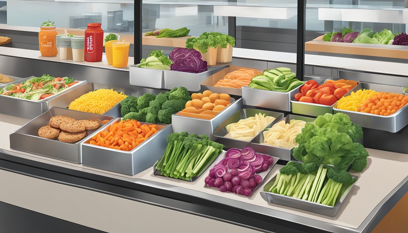 A colorful array of fresh vegetables and lean protein options displayed on a clean, modern counter at Habit Burger Grill