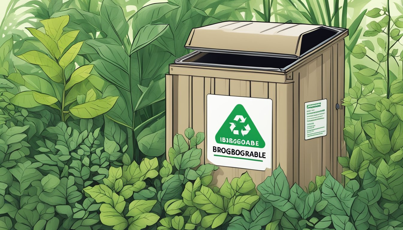 A compost bin with inkjet paper surrounded by greenery and a small sign indicating it is biodegradable