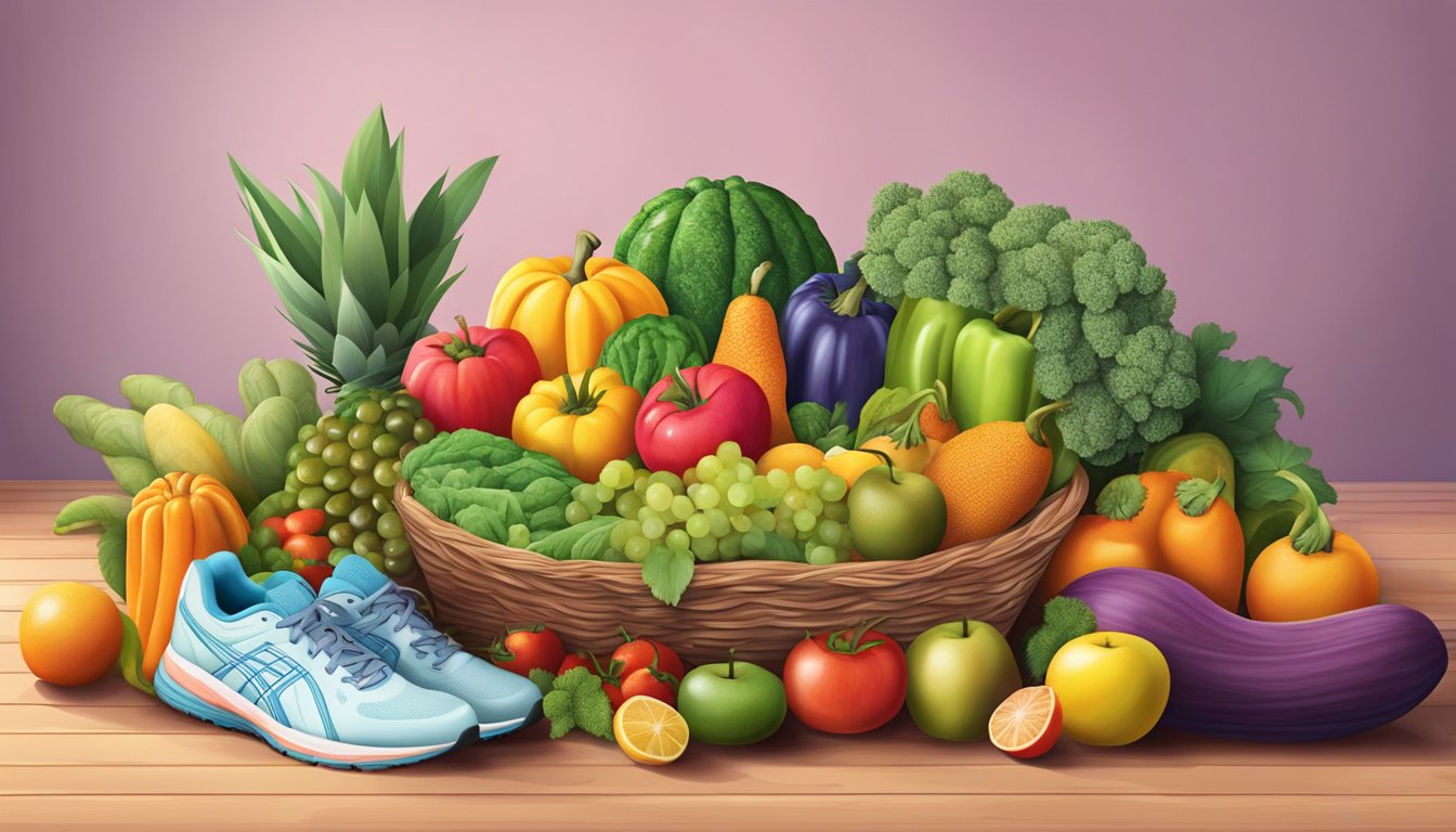 A colorful array of fruits and vegetables arranged in a basket, surrounded by yoga mats and running shoes