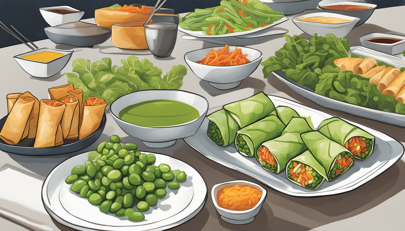 A colorful array of fresh vegetable spring rolls, lettuce wraps, and edamame on a sleek, modern table at PF Chang's