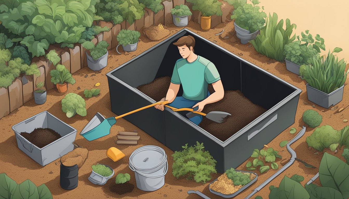 A person composting inkjet paper in a backyard compost bin, surrounded by various organic materials and a shovel