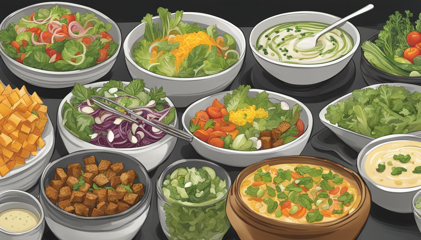 A colorful array of fresh salads and steaming soups on display at PF Chang's, with vibrant vegetables and aromatic herbs