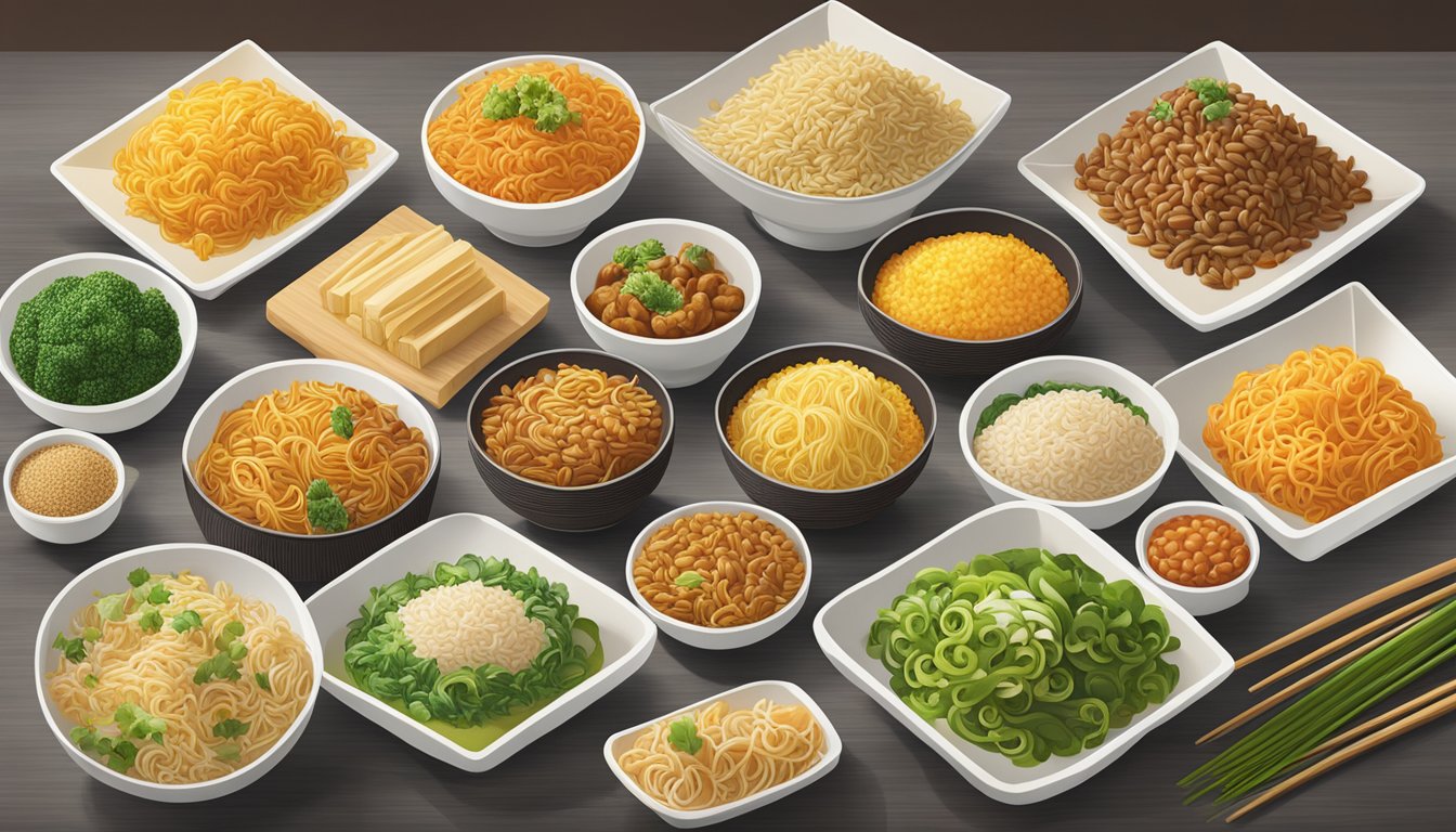 A colorful array of rice, noodles, and grains arranged on a table at PF Chang's, showcasing healthy dining options