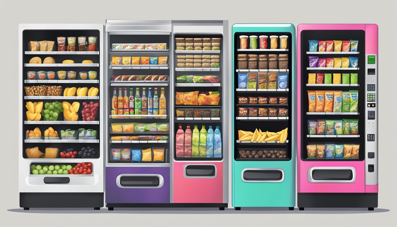 A vending machine with specific healthy choice categories, featuring various healthy snack options neatly organized and displayed