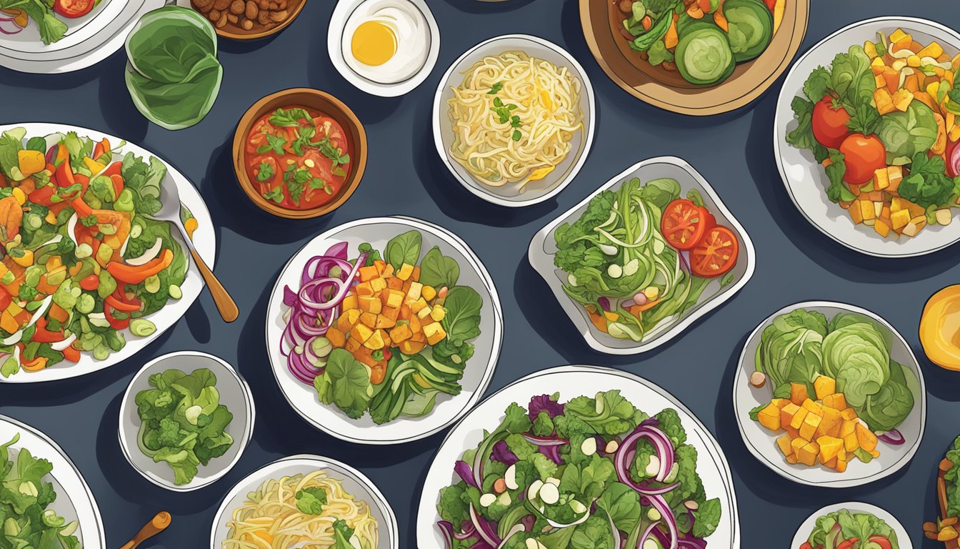 A colorful array of fresh vegetables and vibrant salads arranged on a table at PF Chang's, showcasing their healthy side dish options