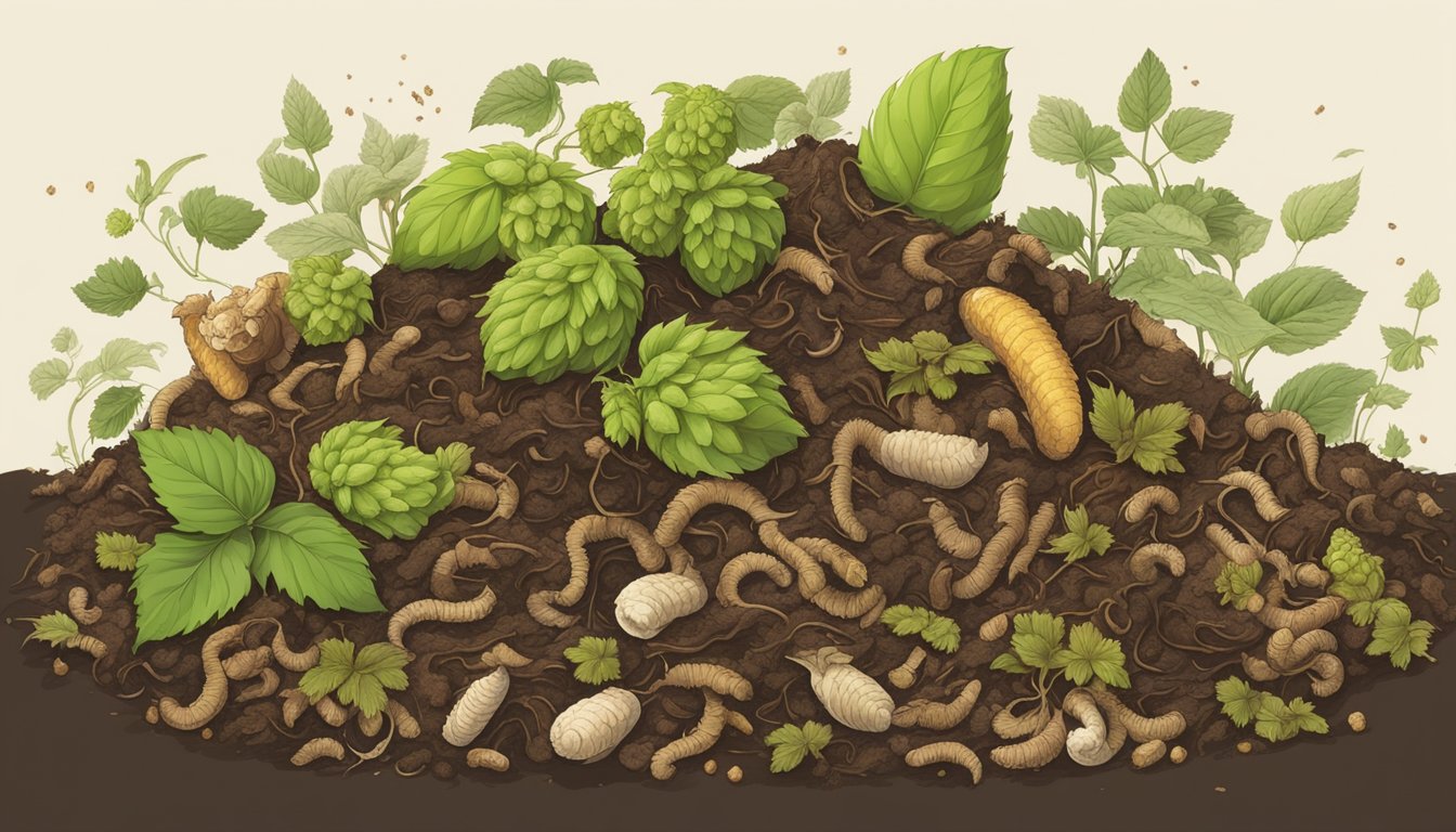 A pile of compostable materials, including hops, surrounded by a mix of green and brown organic matter, with earthworms and other decomposers present