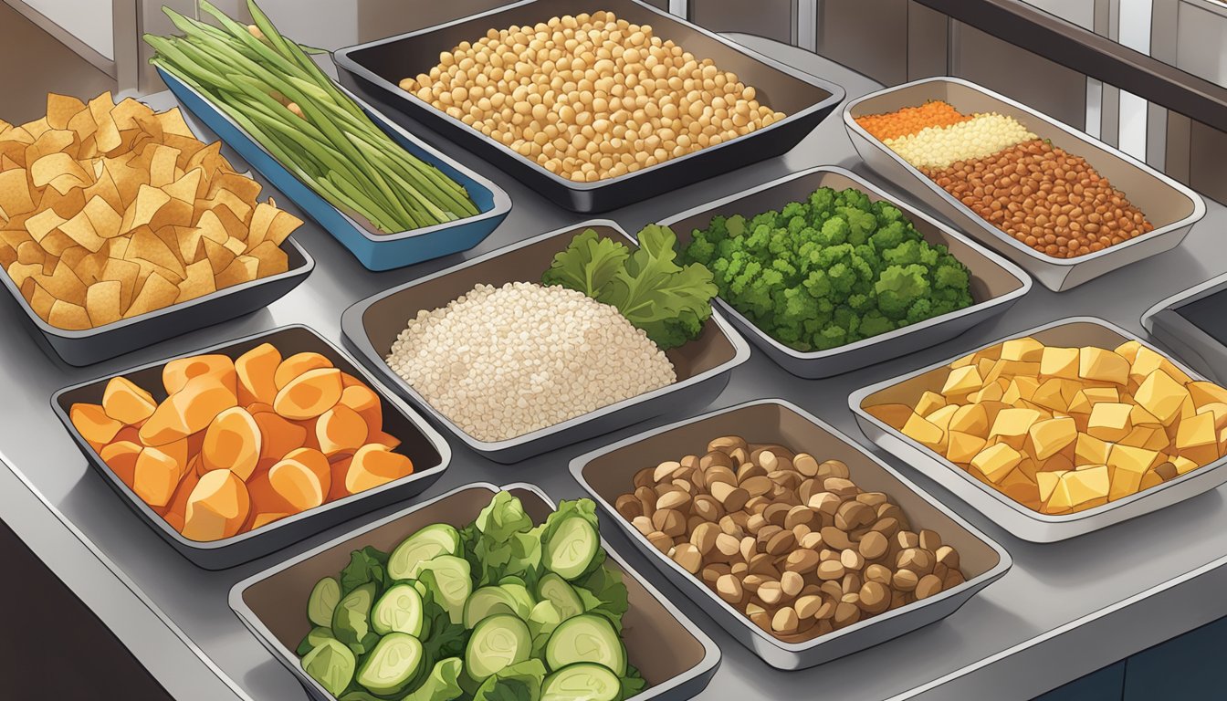 A colorful array of fresh vegetables, lean proteins, and whole grains displayed on a clean, modern serving counter at Qdoba