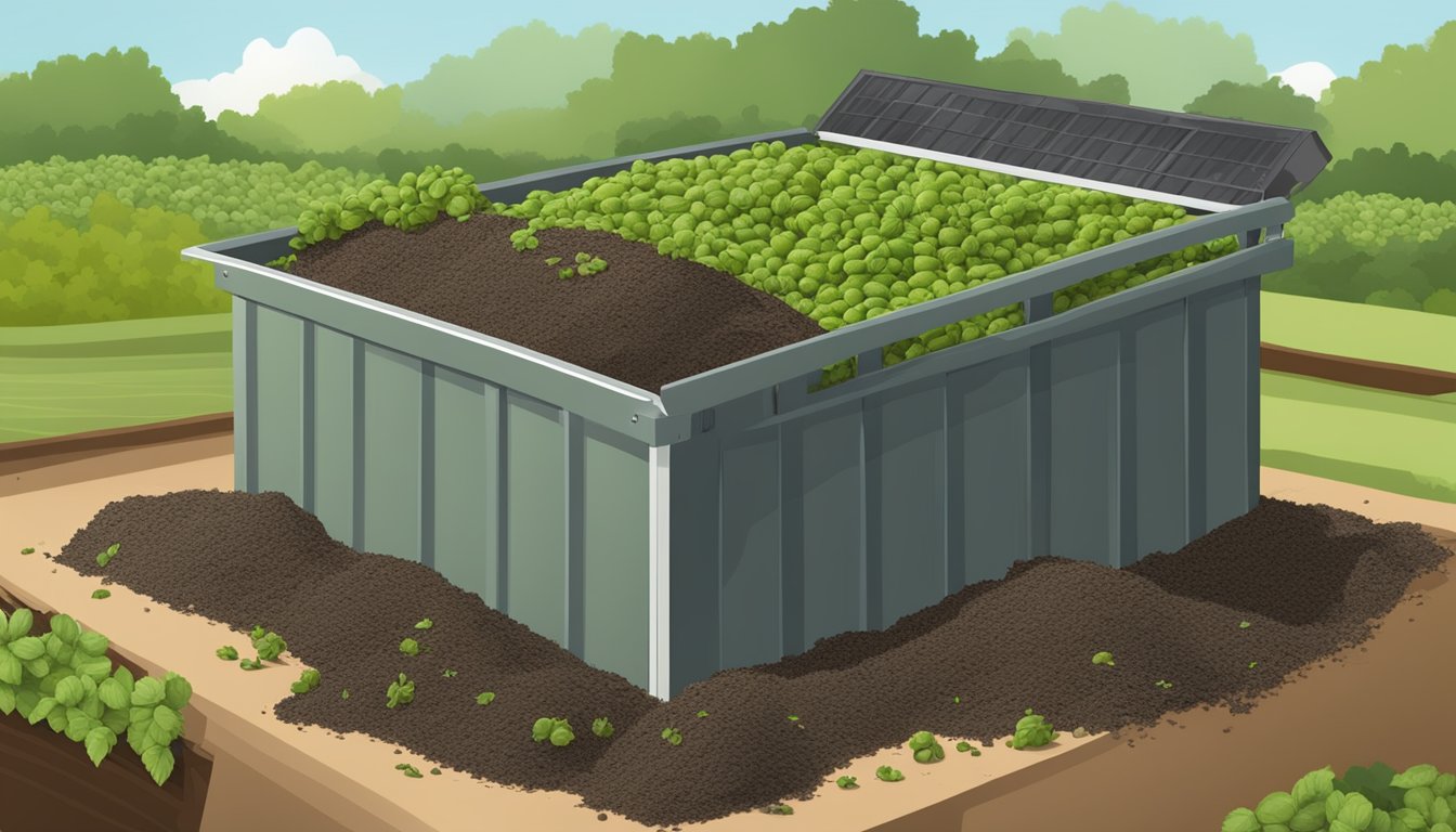 A pile of hops and compost materials arranged in a designated composting area, with proper ventilation and drainage to ensure safe decomposition