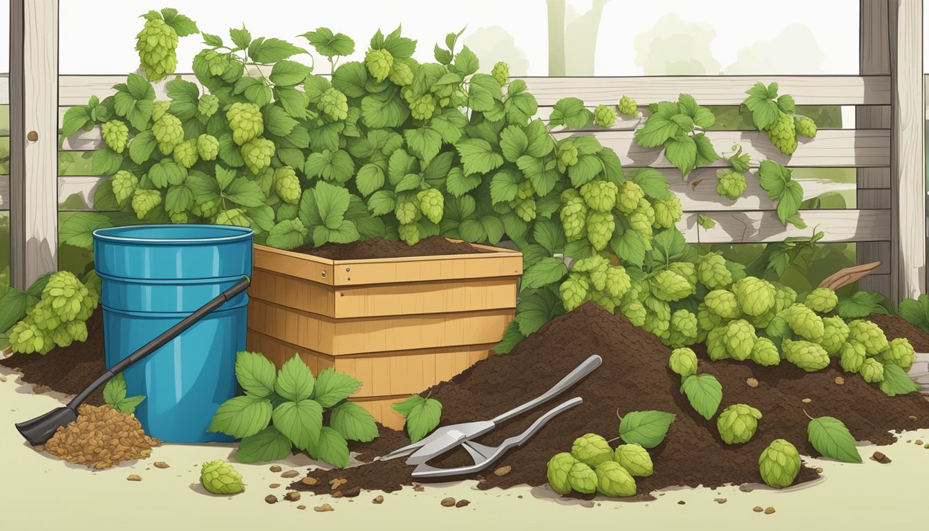 A pile of compostable materials including hops, leaves, and fruit peels surrounded by a compost bin and gardening tools