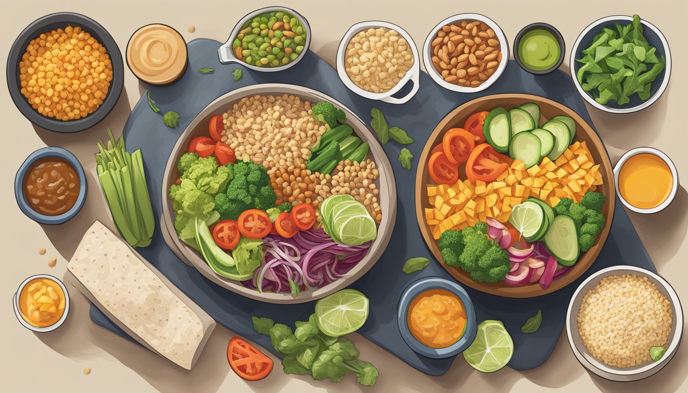 A colorful array of fresh vegetables, lean proteins, and whole grains displayed at a Qdoba restaurant, with a focus on healthy dietary options