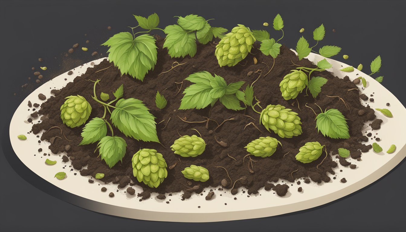 A pile of compostable materials, including hops, surrounded by a mix of green and brown organic matter, with worms visible in the soil