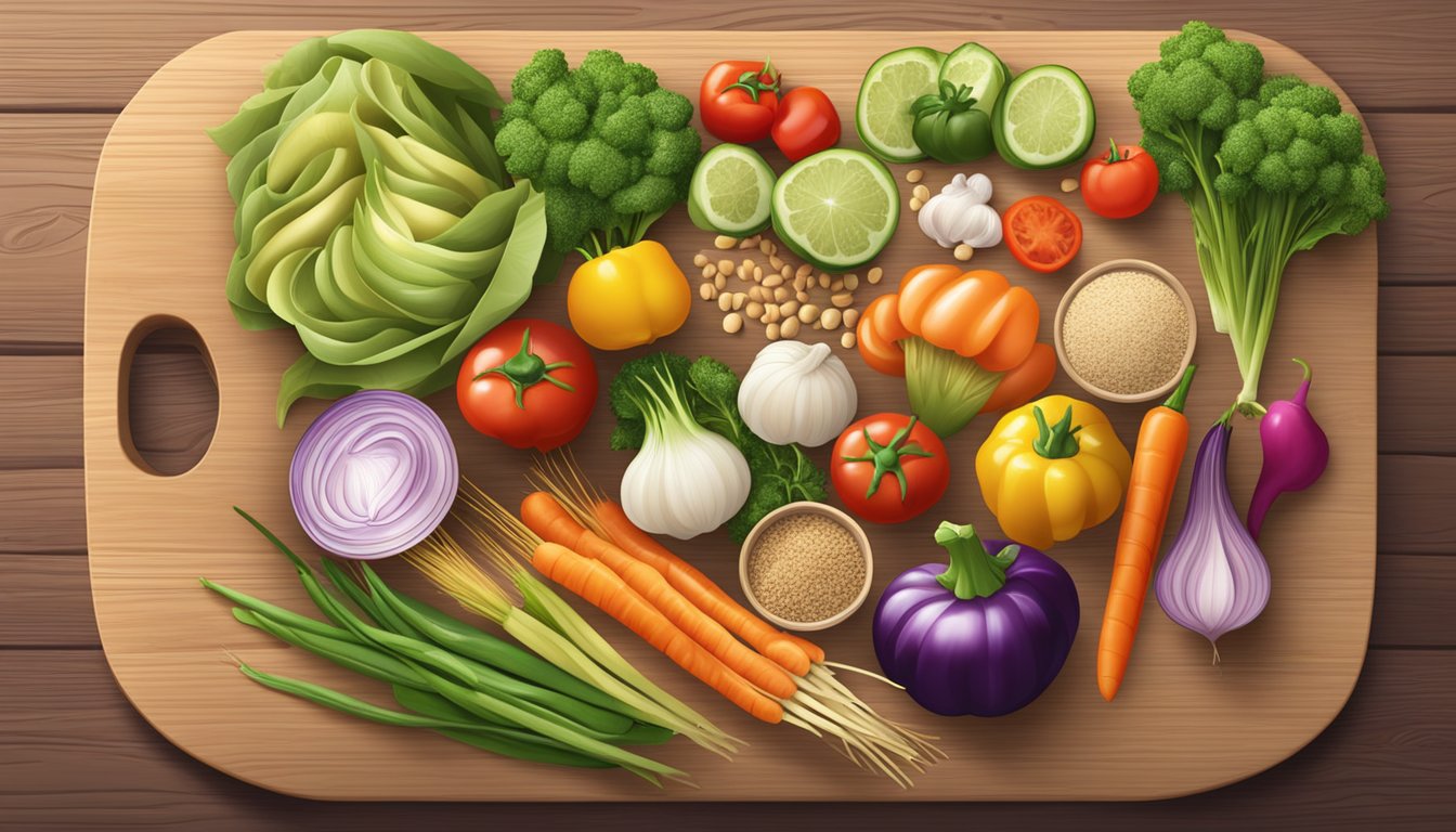 A colorful array of fresh vegetables and whole grains spread out on a wooden cutting board, with a bowl of steaming noodles in the background