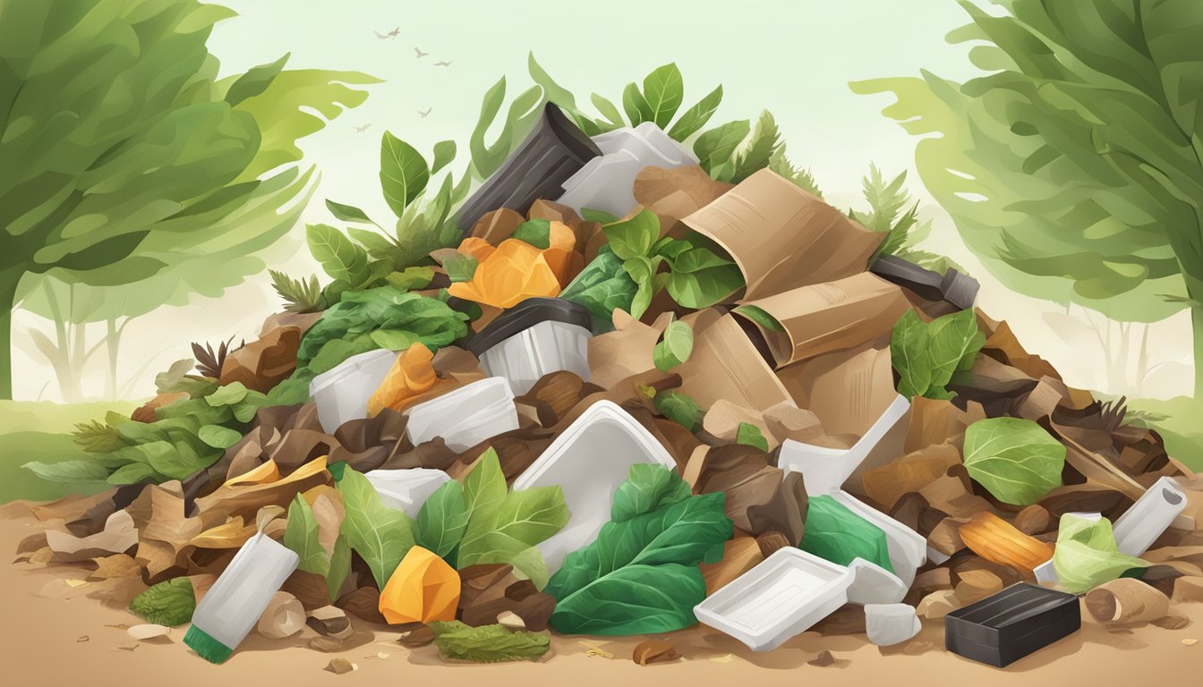 A pile of compostable materials, including glossy paper, surrounded by organic waste and a mix of brown and green materials