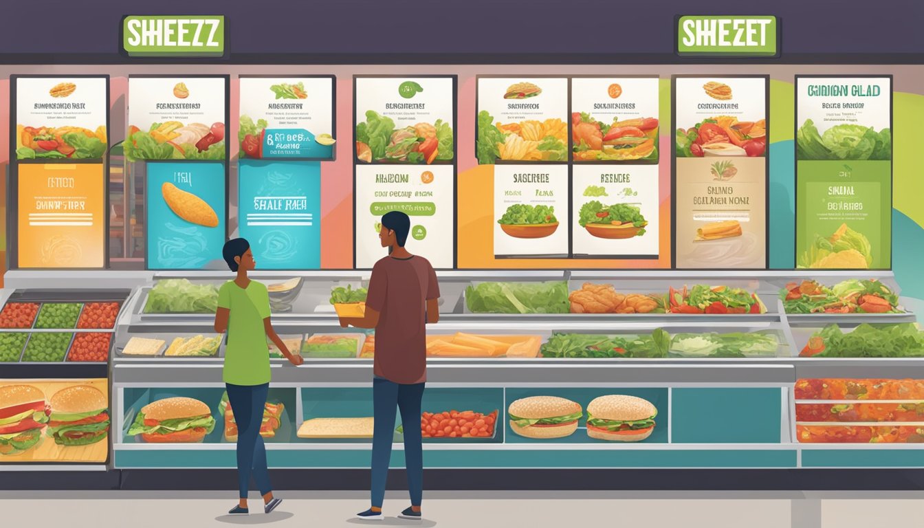 A person selecting a salad and grilled chicken sandwich from a colorful digital menu at Sheetz, with healthy food options labeled and highlighted