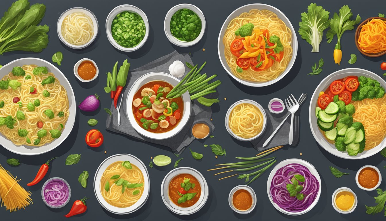 A colorful array of fresh vegetables, steaming bowls of noodles, and vibrant sauces displayed on a clean, modern menu board