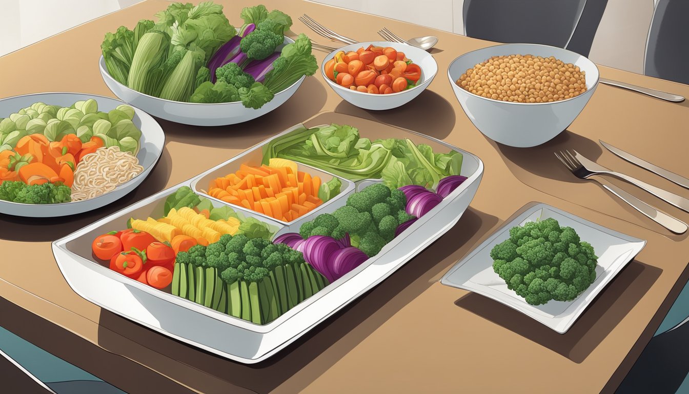 A colorful array of fresh vegetables and whole grain noodles arranged on a clean, modern table setting