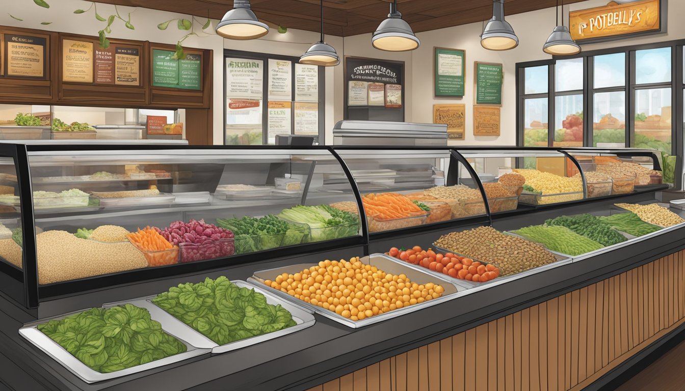 A colorful array of fresh vegetables, whole grains, and lean proteins are displayed on a clean, modern countertop at Potbelly, showcasing the healthy options available for customers