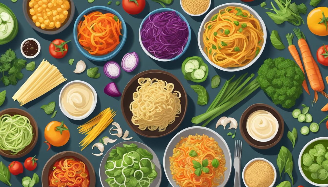 A vibrant array of fresh vegetables and whole grain noodles, surrounded by colorful and nutritious sauces, all neatly displayed on a clean, modern table