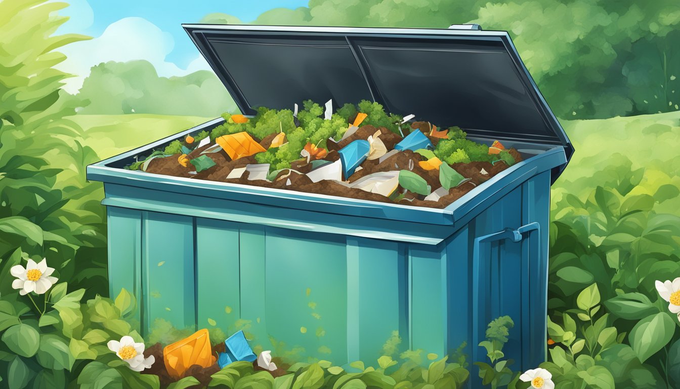 A compost bin filled with glossy paper and other organic waste, surrounded by greenery and a clear blue sky