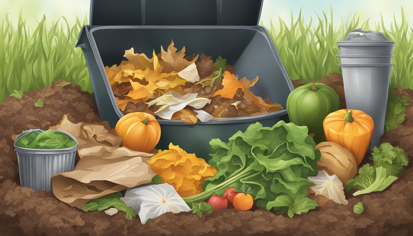 Glossy paper alongside food scraps and yard waste in a compost bin