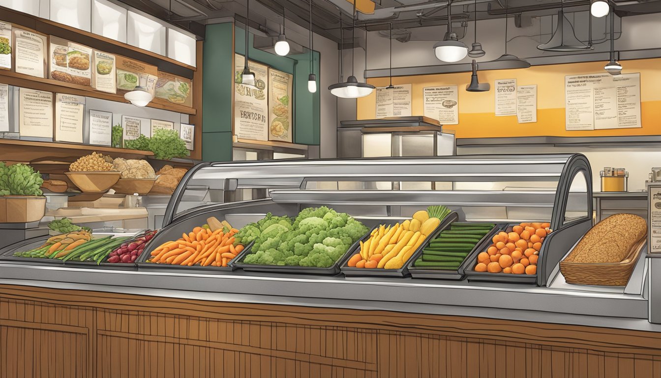 A colorful array of fresh vegetables, lean proteins, and whole grain breads arranged on a clean, modern serving counter at Potbelly, with a focus on healthy customization options