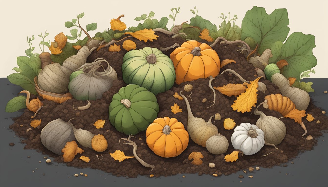 A pile of gourds and other organic waste decomposing in a compost bin, surrounded by earthworms and other decomposers