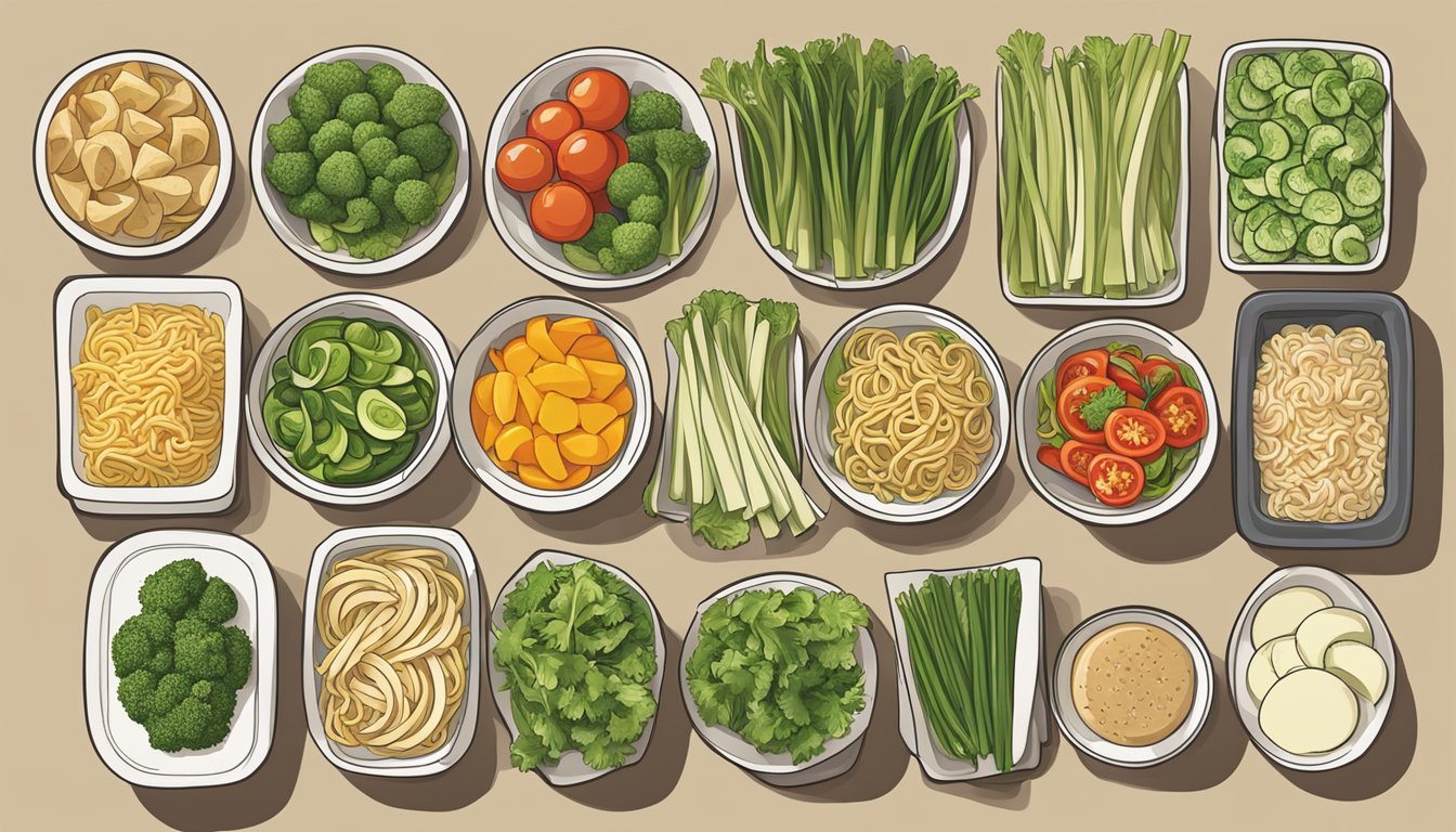 A colorful array of fresh vegetables and protein options are laid out, ready to be added to a steaming bowl of customizable noodles at Noodles and Company