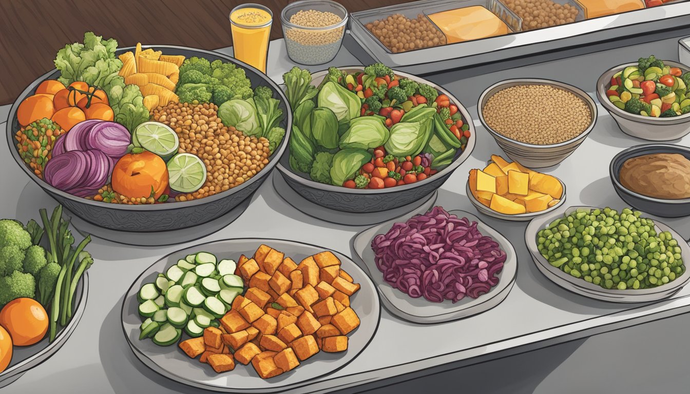 A colorful array of fresh vegetables, whole grains, and lean proteins displayed on a clean, modern counter at Potbelly, inviting customers to choose from a variety of healthy lunch and dinner options