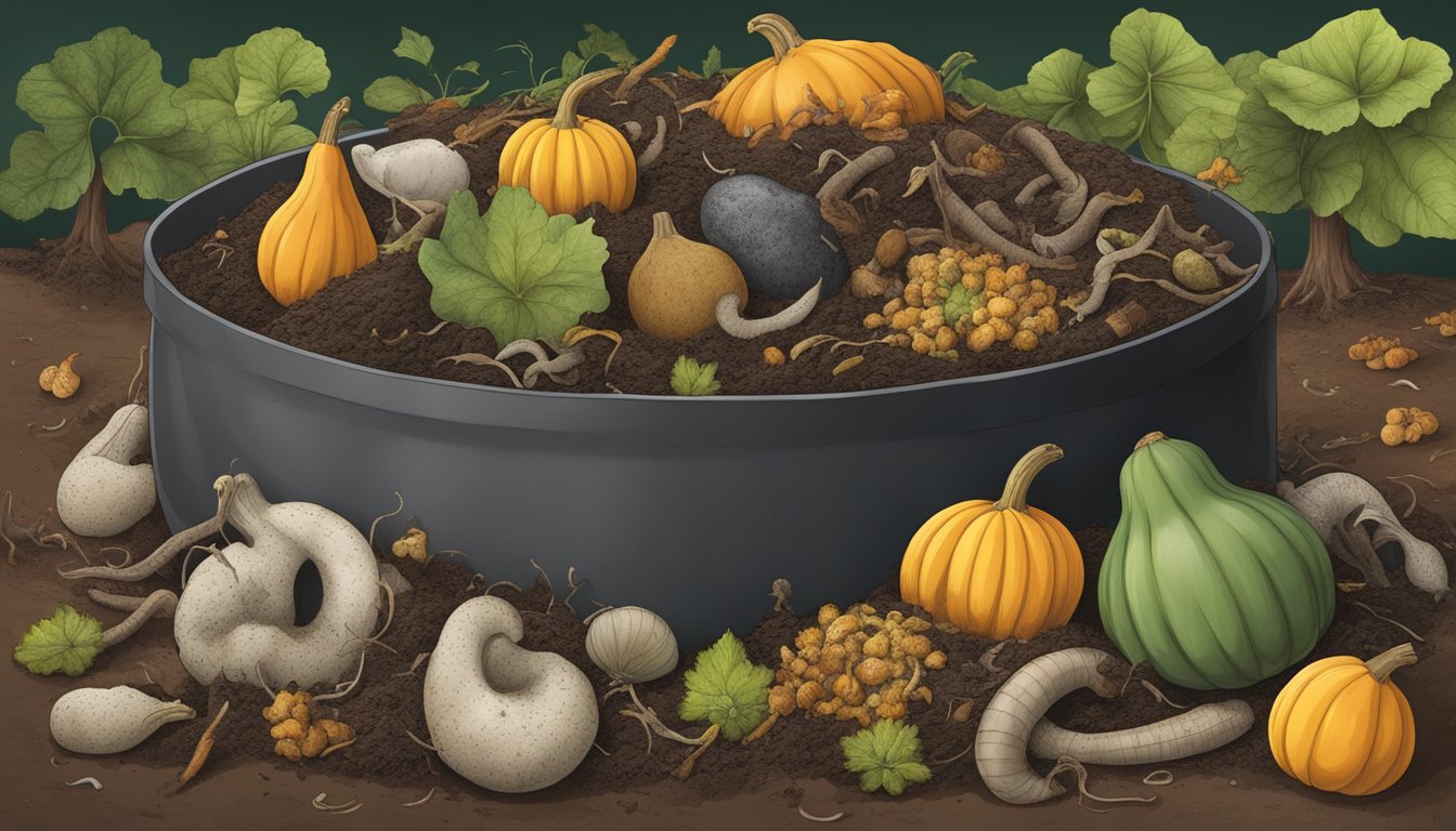 A compost pile with various types of gourds decomposing, surrounded by earthworms and other decomposers