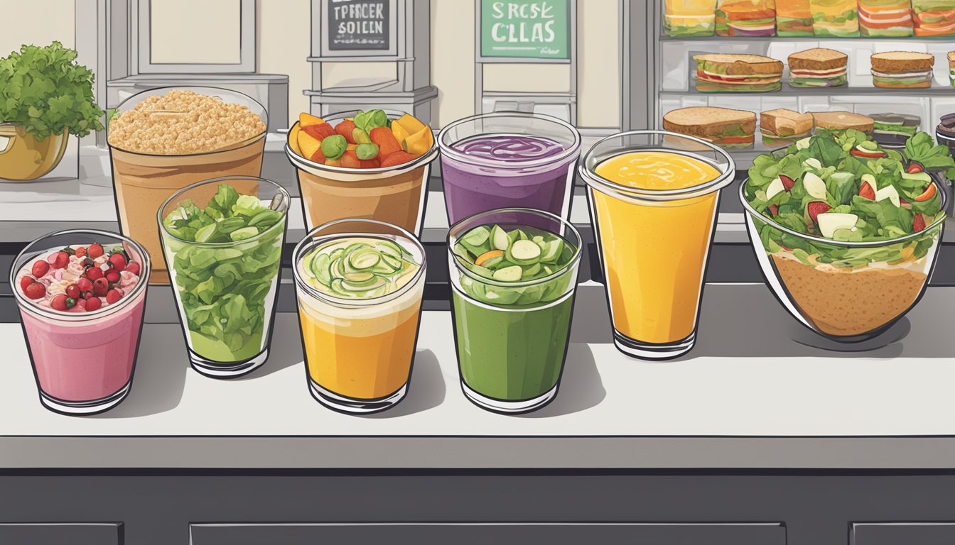 A colorful array of fresh salads, whole grain sandwiches, and fruit smoothies displayed on a clean, modern counter at Potbelly