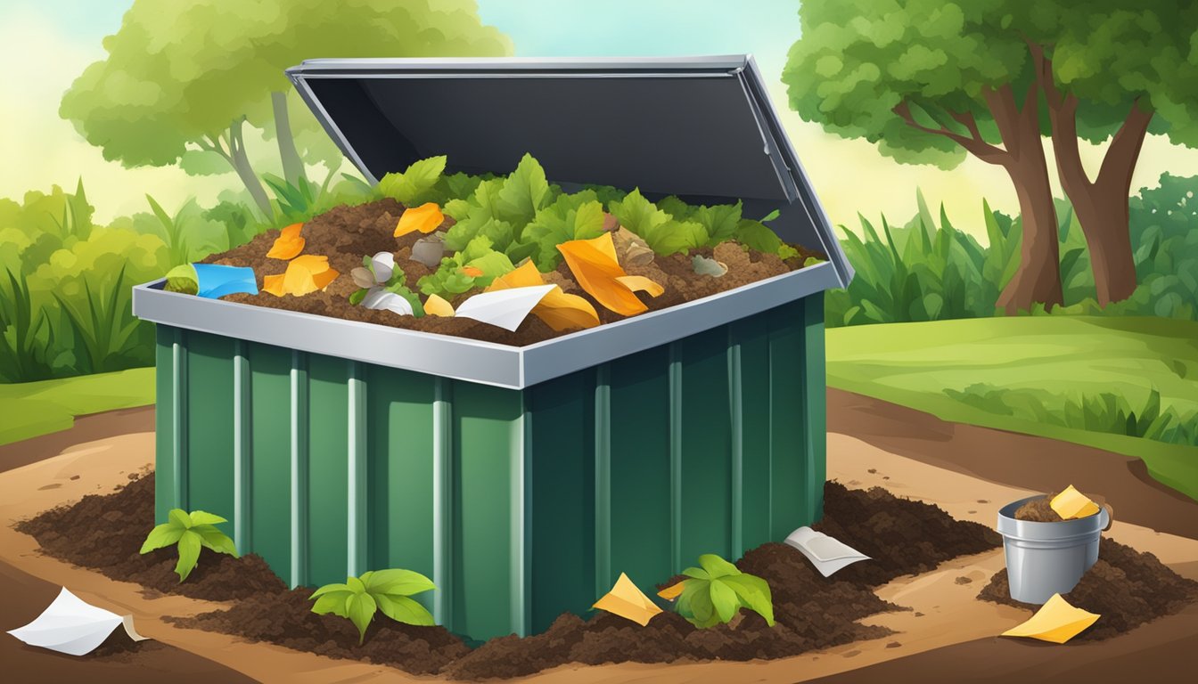 A compost bin filled with glossy paper, surrounded by organic waste and soil