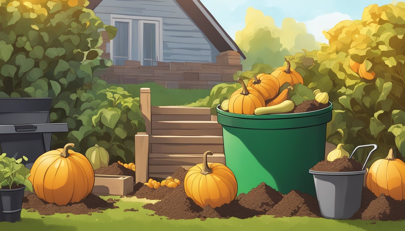 A pile of gourds and other organic waste sits in a backyard, surrounded by a compost bin and gardening tools. The sun shines down on the scene, highlighting the potential for composting