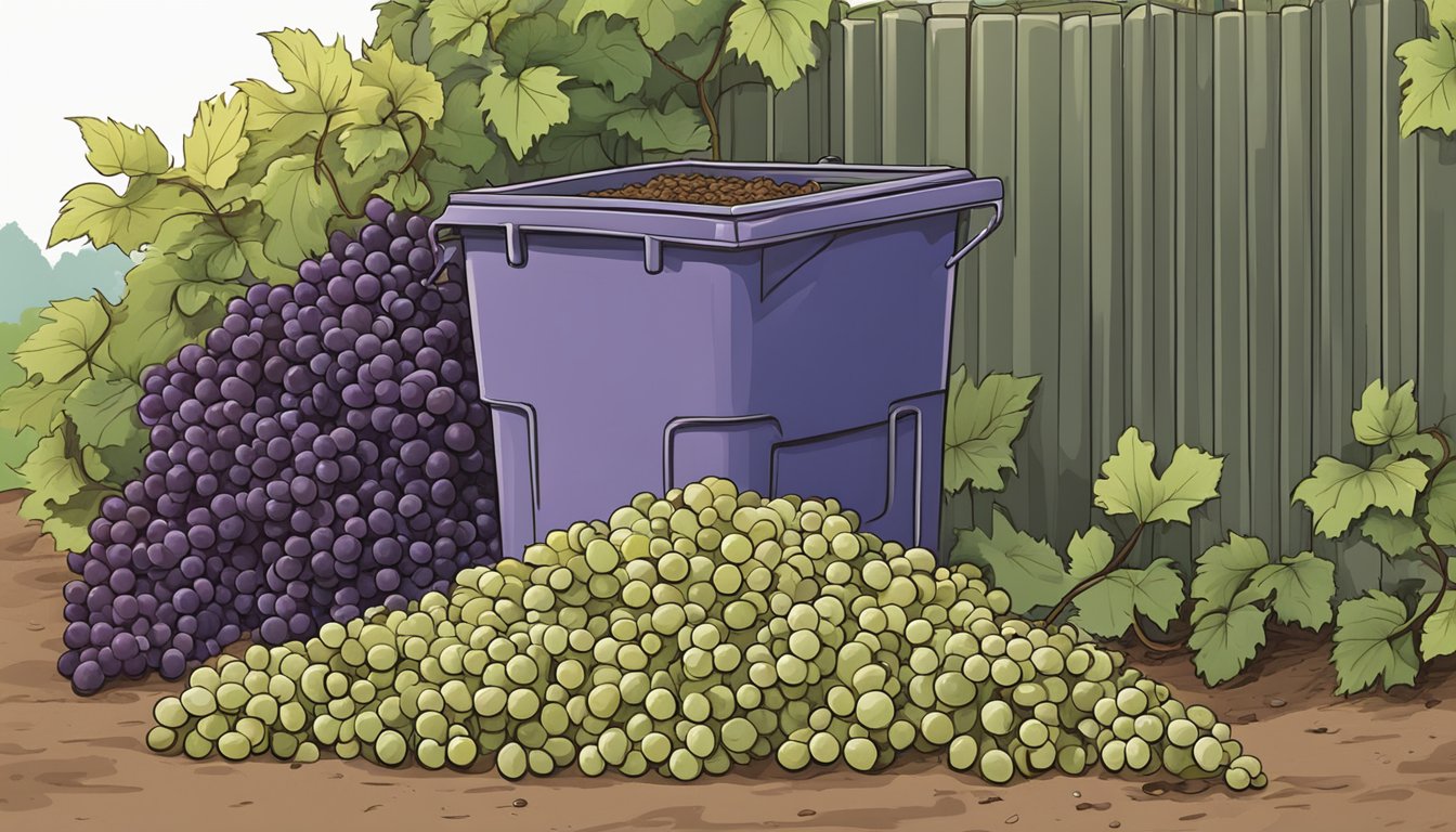 A pile of grape stems sits next to a compost bin, with a question mark hovering above