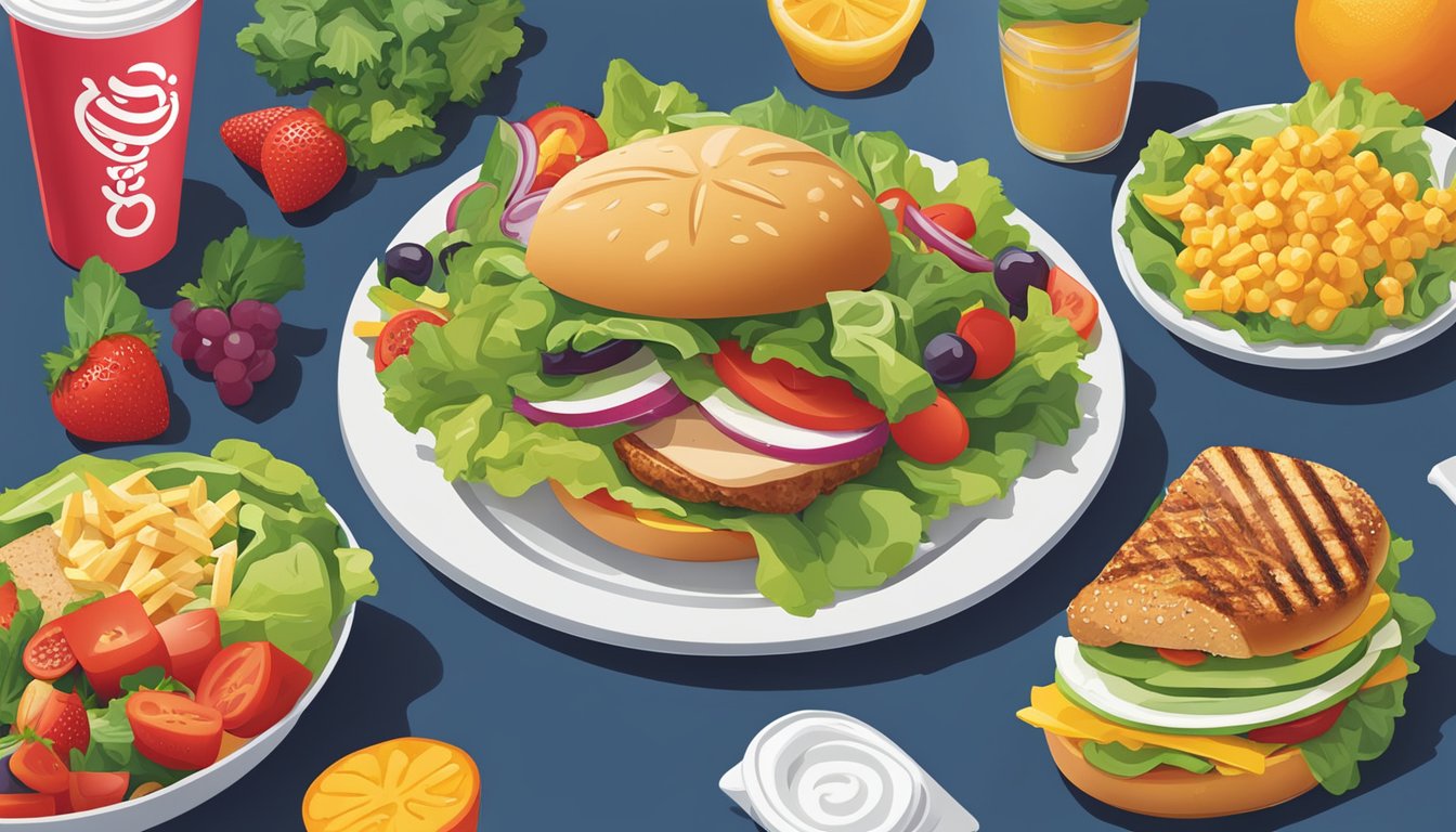 A colorful salad and grilled chicken sandwich sit on a table next to a Wendy's logo. Fruits and vegetables are arranged around the meal