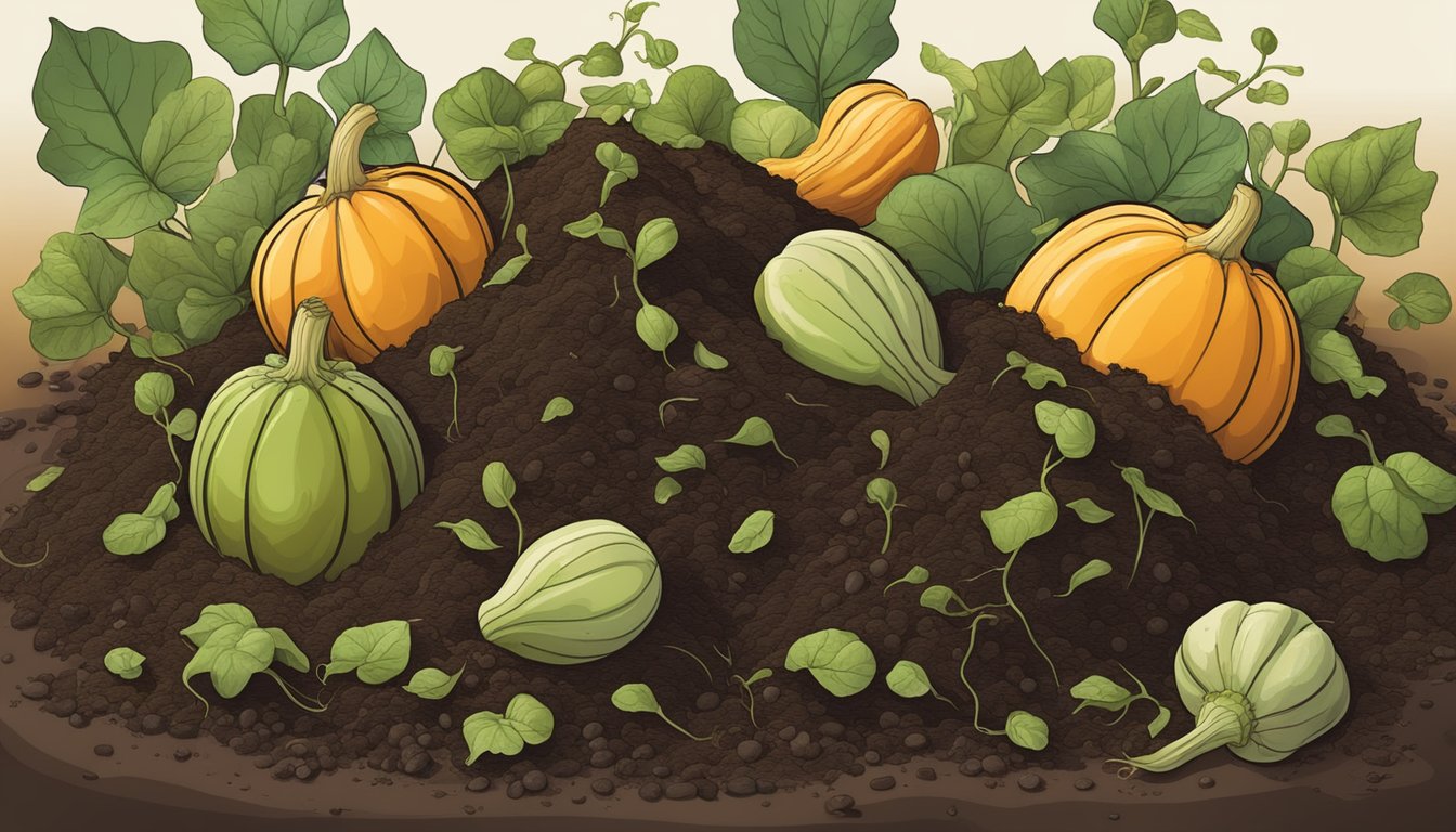 A pile of decomposing gourds surrounded by rich, dark compost, with small sprouts emerging from the nutrient-rich soil