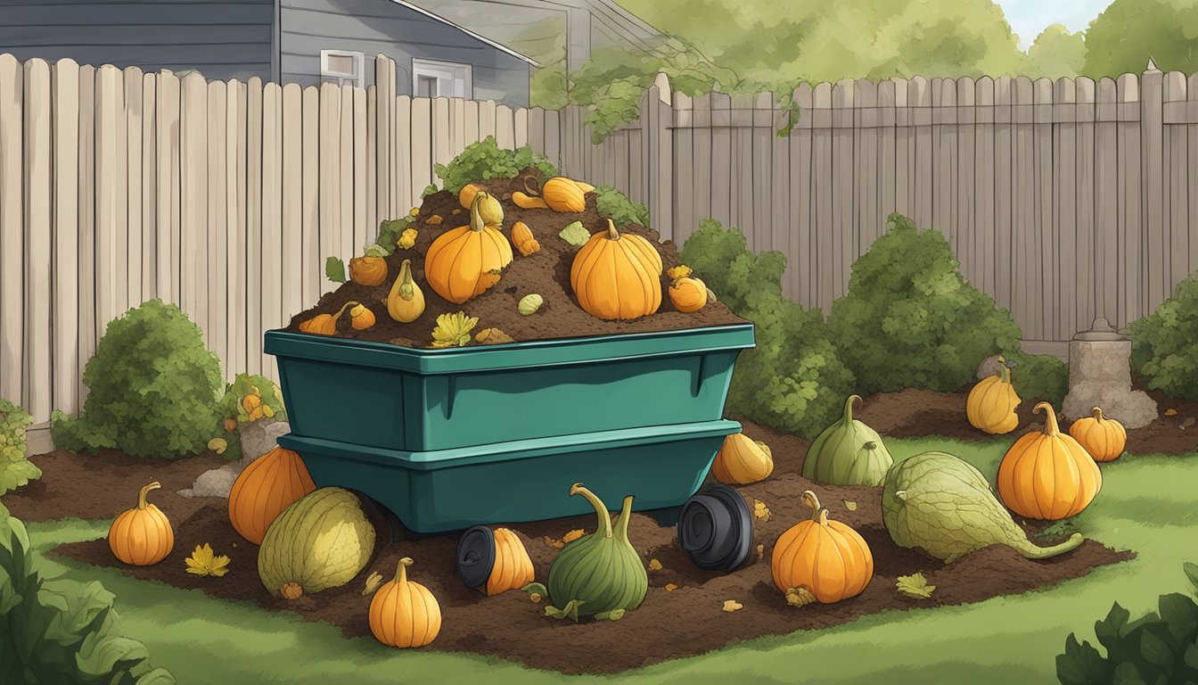 A pile of gourds and other organic waste being added to a compost bin in a backyard garden