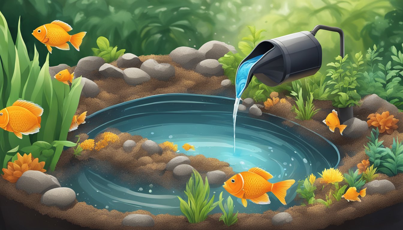 Fish tank water being poured onto a compost pile, enriching the soil with nutrients