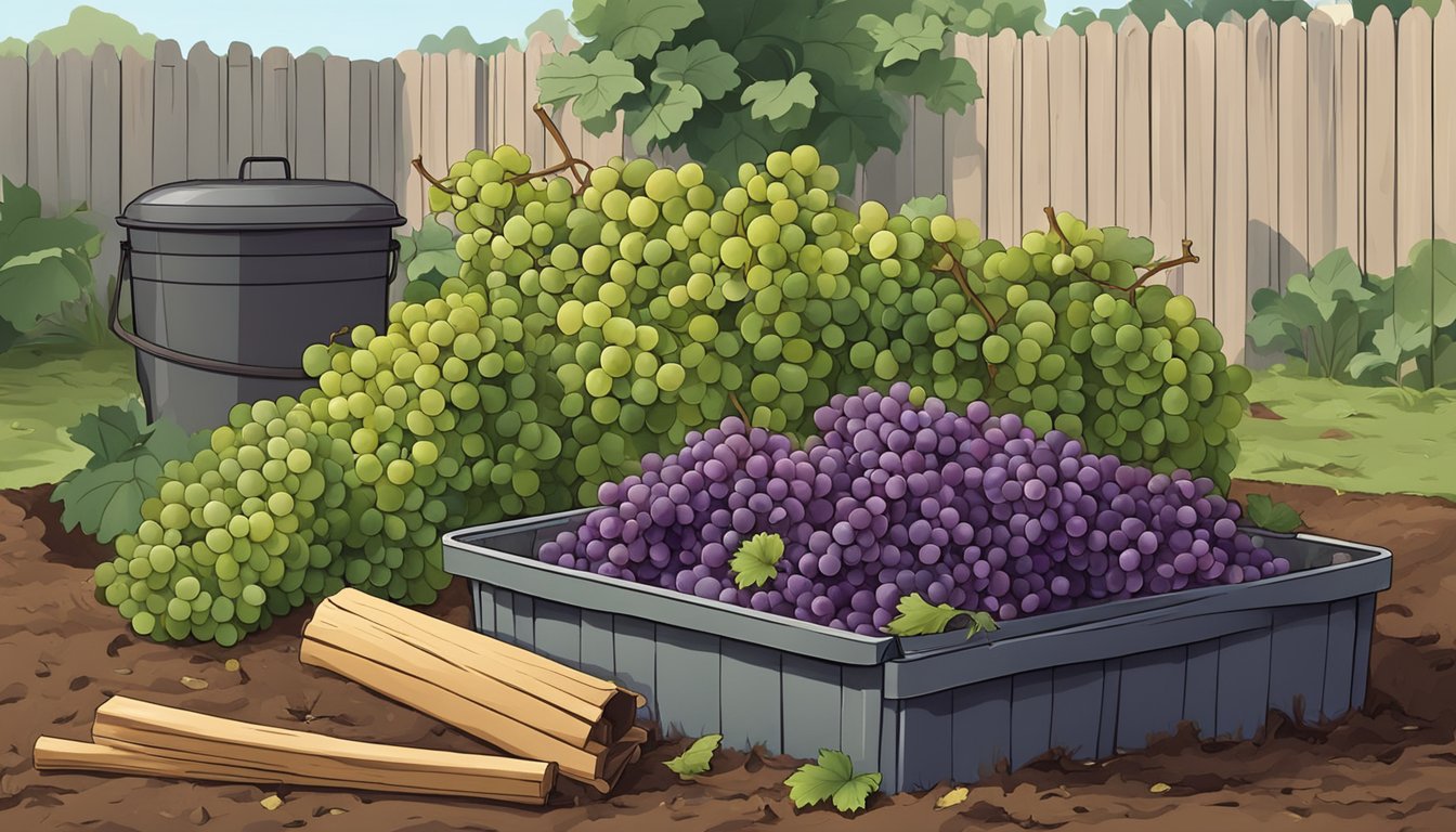 A pile of grape stems and other compostable materials surrounded by a compost bin in a backyard garden