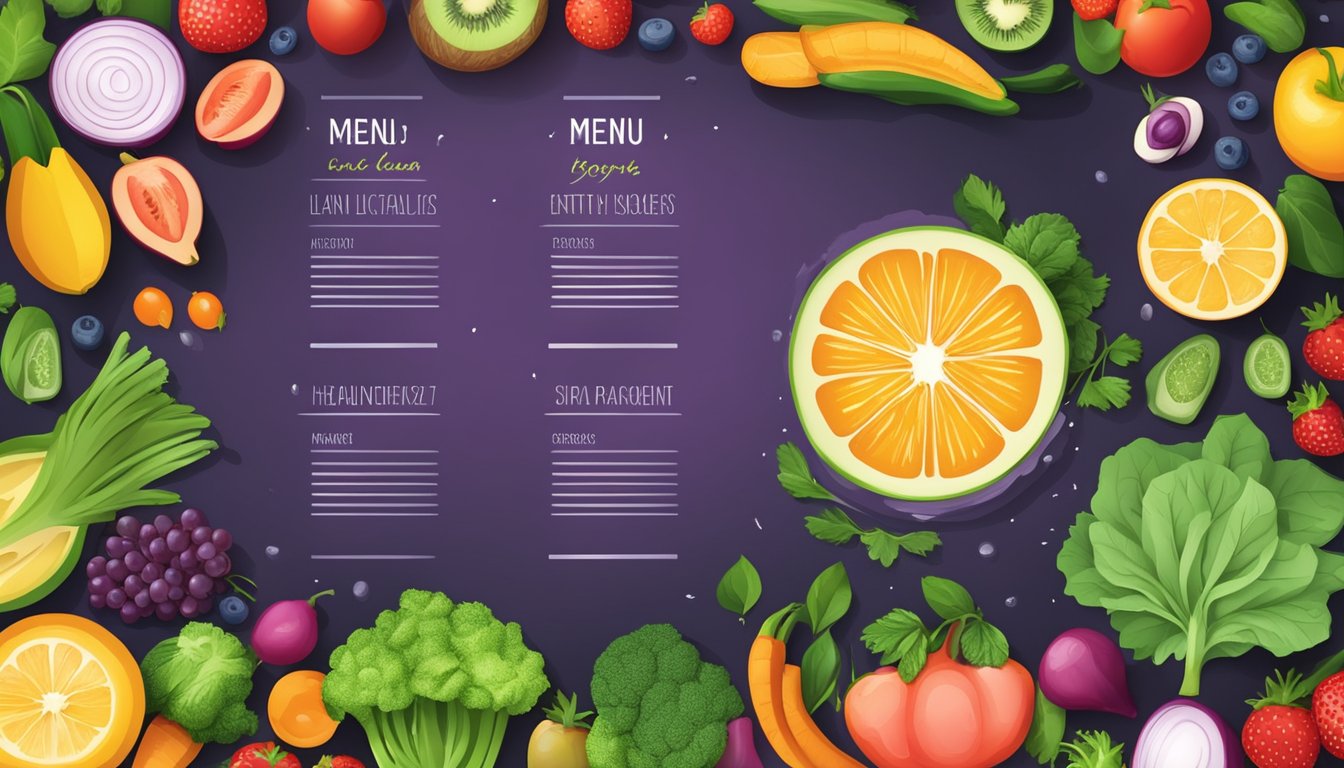 A colorful menu featuring fresh fruits, vegetables, and lean proteins, with the option to customize dishes with healthy ingredients