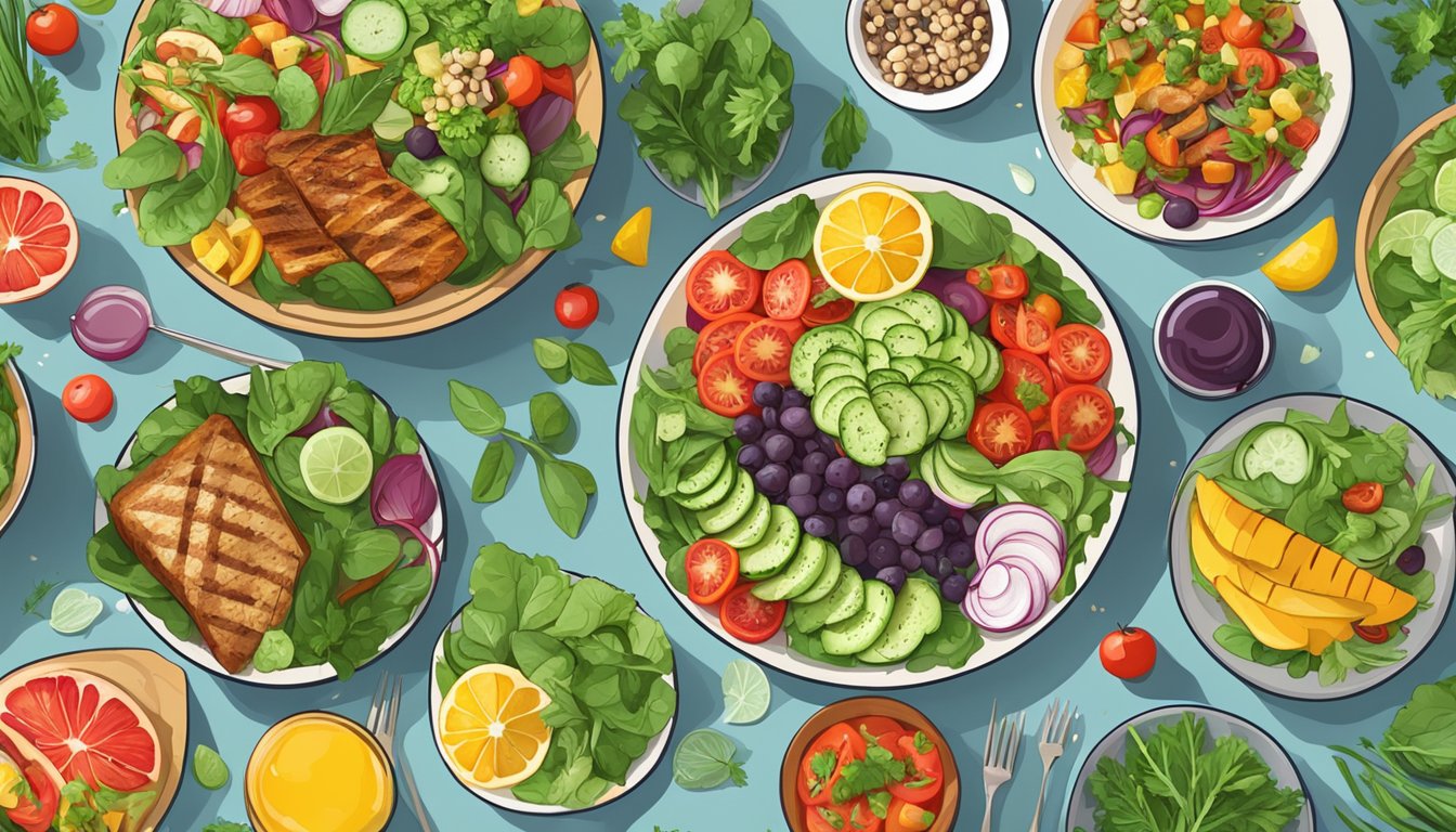 A table filled with colorful, vibrant dishes, including salads, grilled vegetables, and lean proteins, surrounded by fresh herbs and fruits