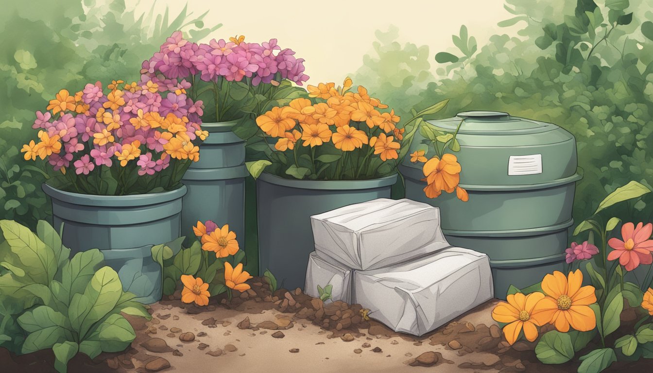 A pile of flowers with visible pesticide residue next to a compost bin, surrounded by greenery and earthy materials