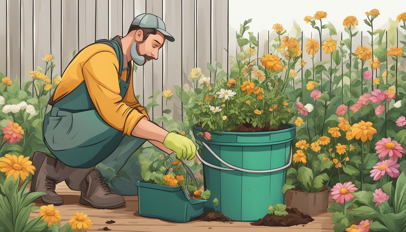 A gardener gathers wilted flowers and removes any pesticide residue before placing them in a compost bin