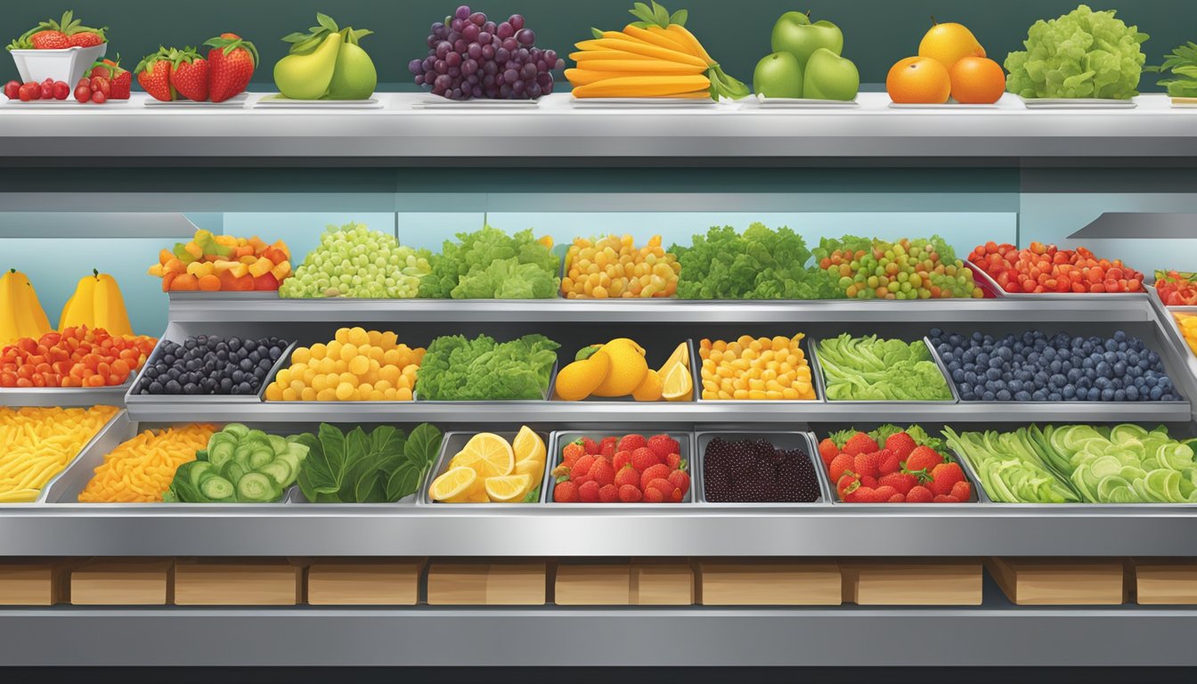 A colorful display of fresh fruit, salads, and vegetable trays at a Wendy's fast-food restaurant