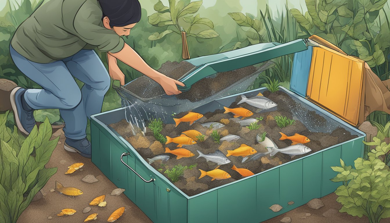 A person pouring fish tank water into a compost bin, with fish waste and organic materials layered inside