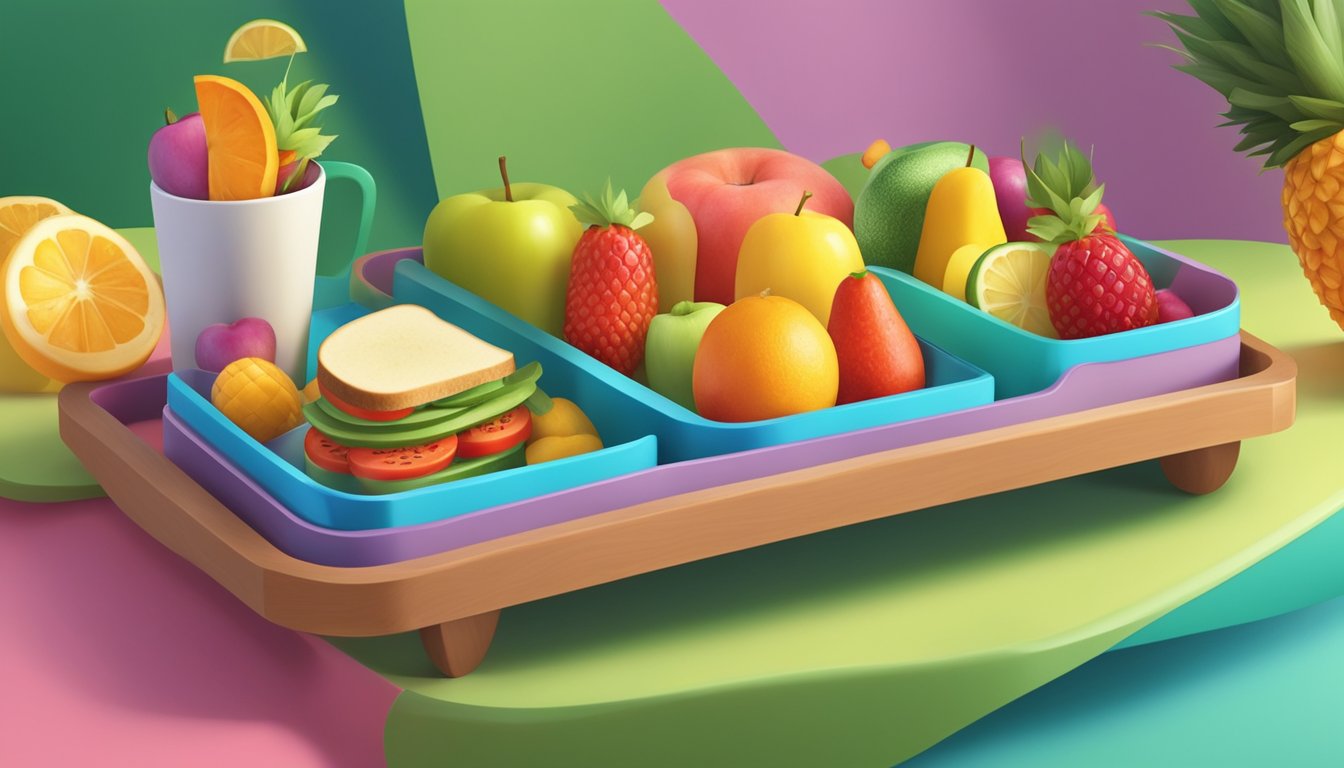 A colorful tray filled with fresh fruit, veggies, and a small sandwich, displayed alongside a toy or activity, in a fun and inviting setting