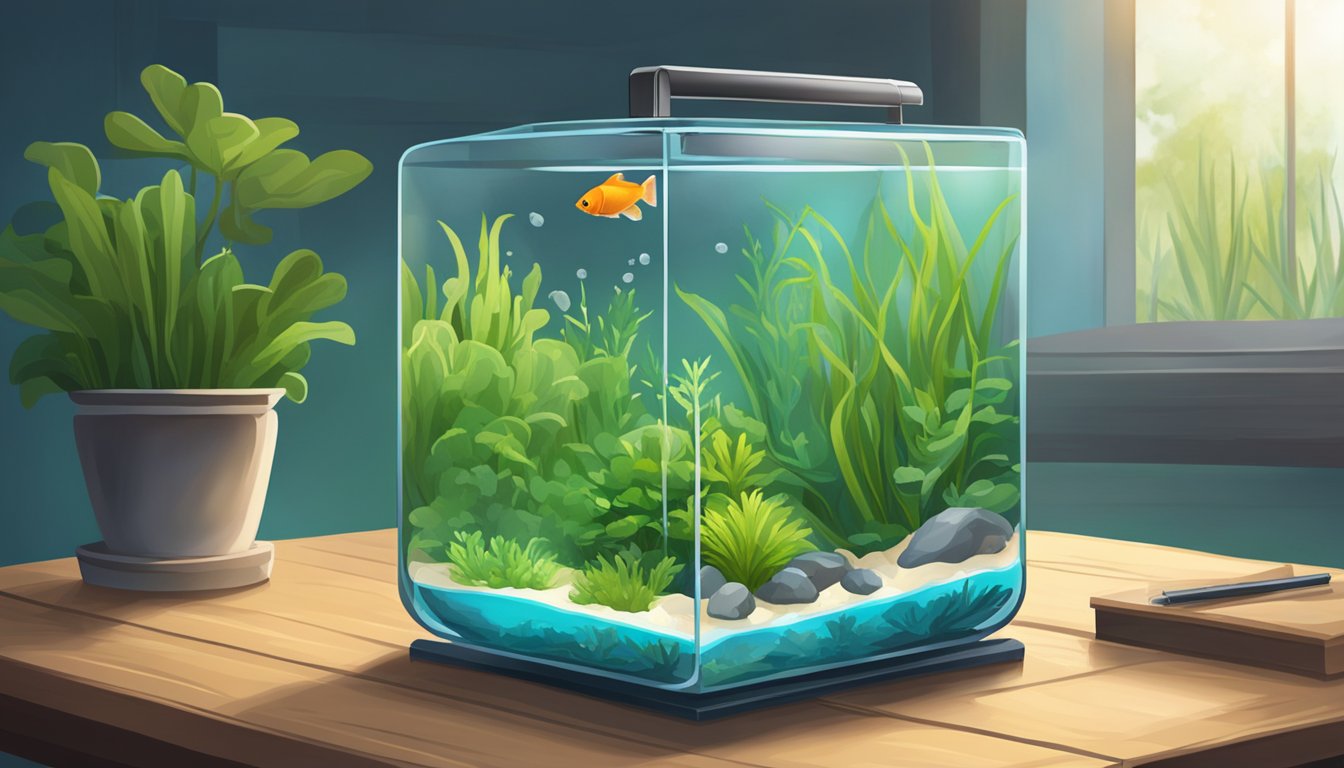 A clear glass fish tank sits on a wooden table. A small pump aerates the water, and a lush aquatic plant thrives in the nutrient-rich environment