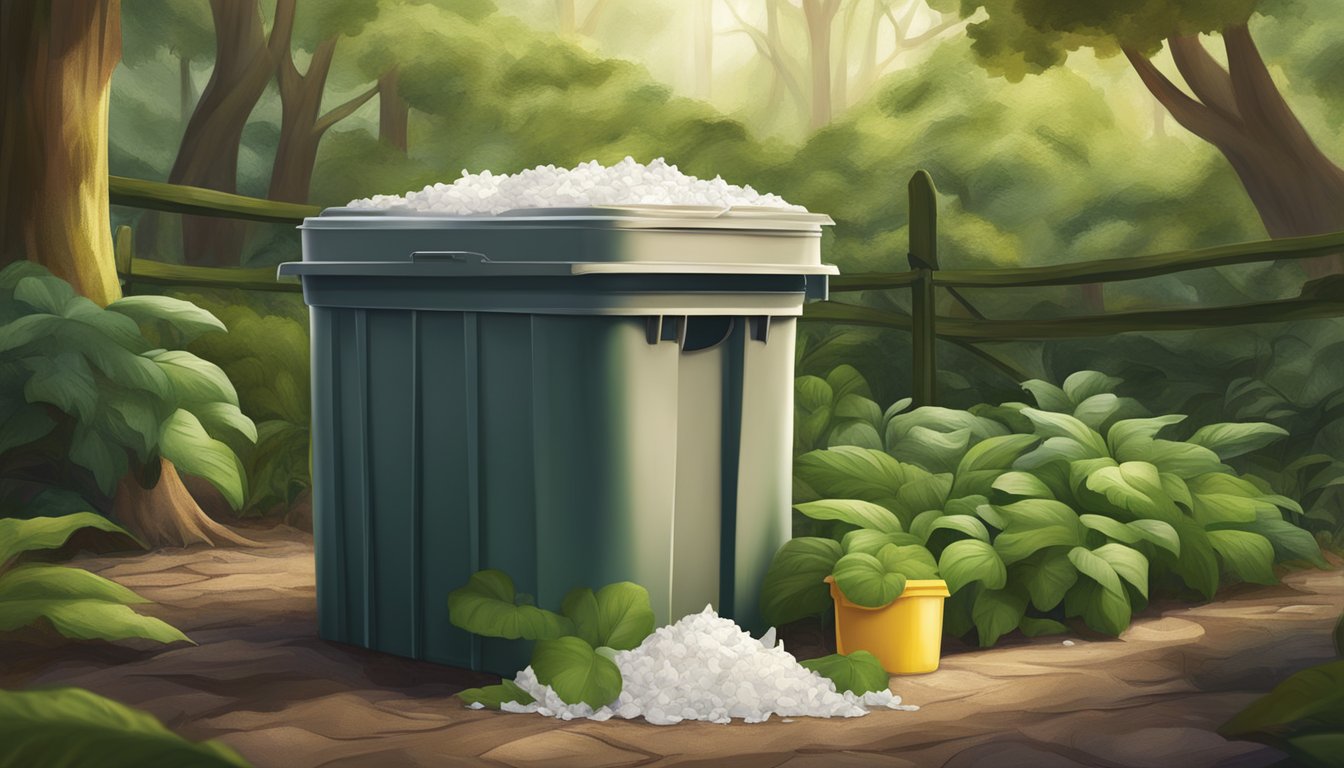 A compost bin with fabric softener sheets breaking down among organic waste, surrounded by greenery and natural elements