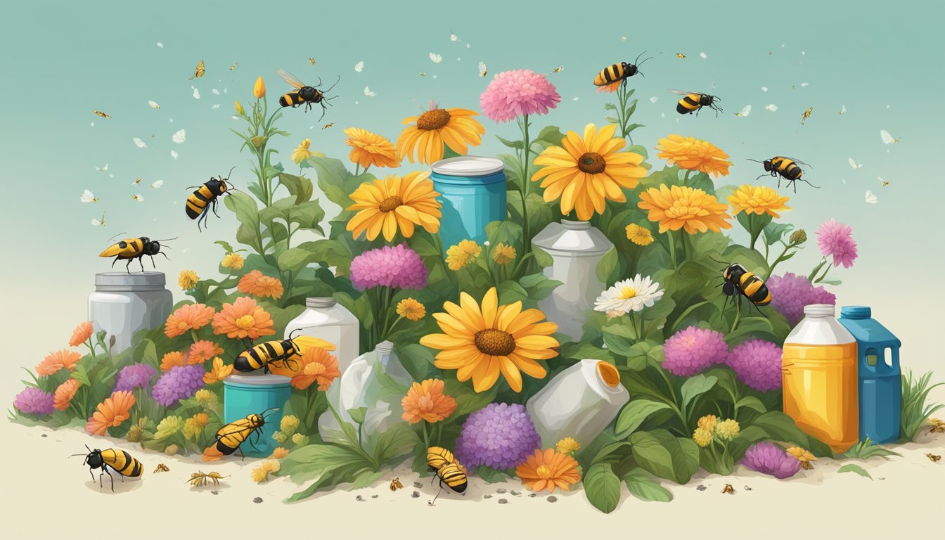 A pile of flowers mixed with pesticide containers, surrounded by buzzing insects and wilted plants